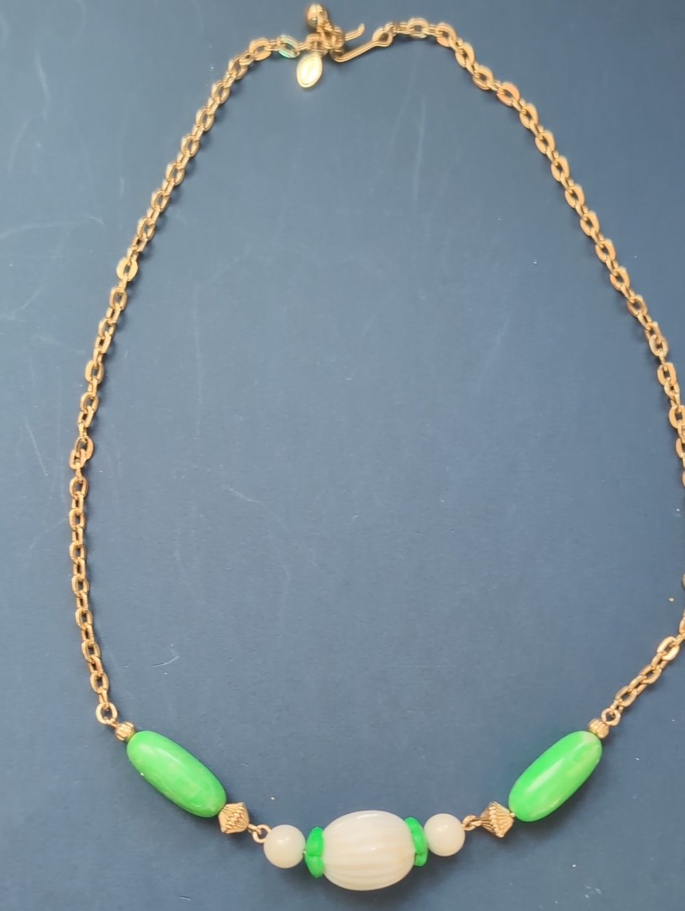 Avon Gold-Tone Necklace with Green and Cream Beads
